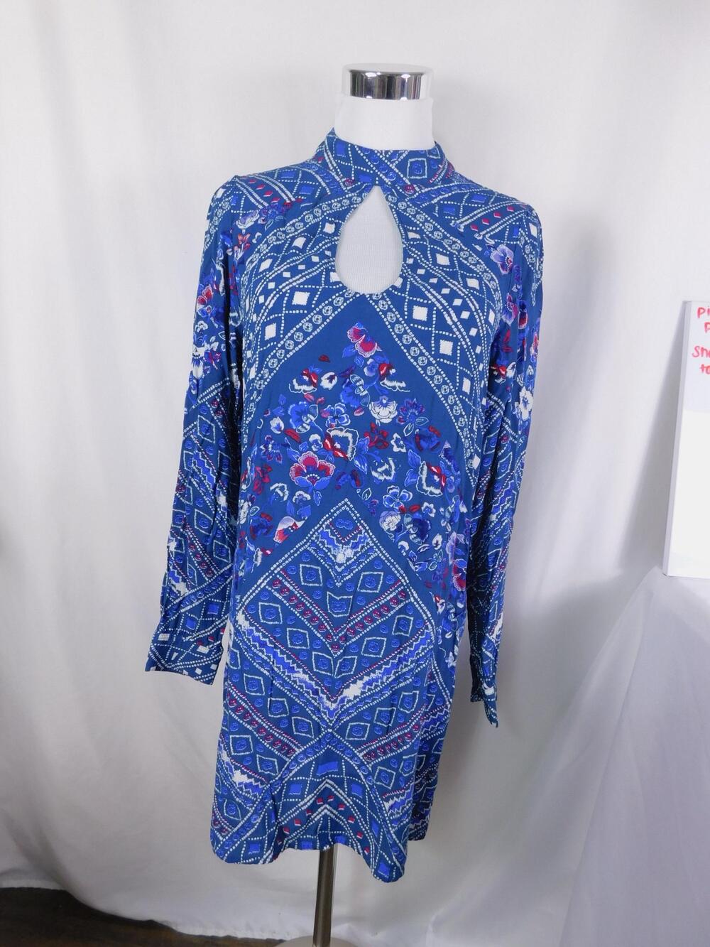Express Dress Womens S/P Blue Floral Mock Neck Keyhole Long Sleeve Shift Boho